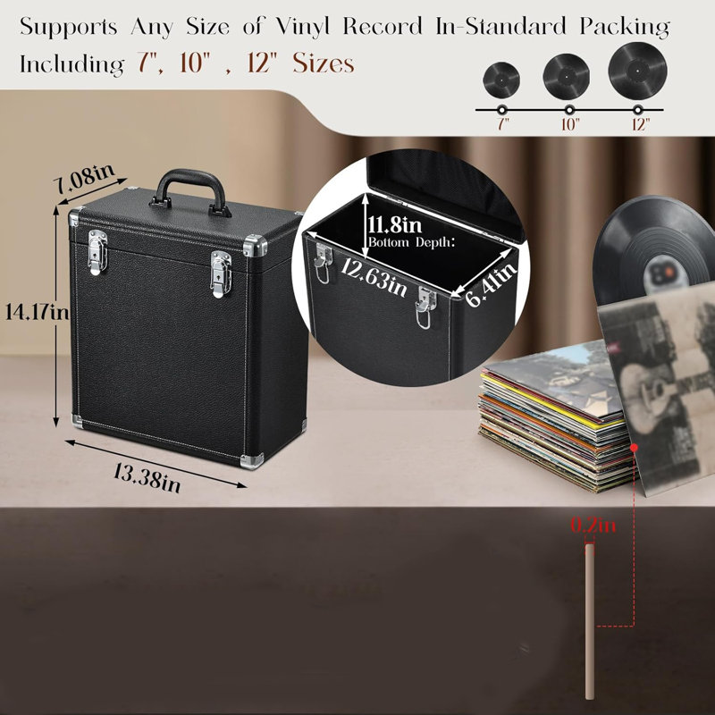 13.38"×7.08"×14.17" Vinyl Record Storage Box – 30+ LP Capacity Padded Portable Case with Mesh Lid Pockets
