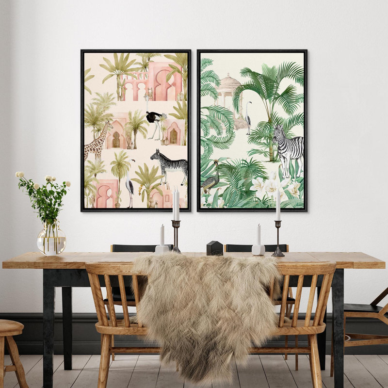 «Jungle Zebra Animals in Tropical Palm Tree Modern Boho», reproduction d'art sur toile encadrée 2 pièces, H 36 po x l 48 po