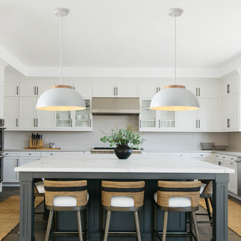  2-Light 15.7" White Pendant Light with Wooden Accent for Kitchen Island & Dining Room, White