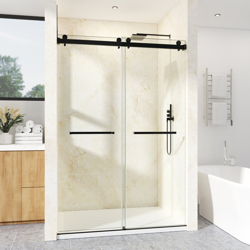 62-67" W x 72" H Frameless Double Sliding Shower Door with 3/8" (10mm) Clear Tempered Glass, Shatter-Resistant Film & Installation Hole Locator