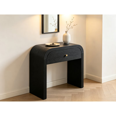 Table de chevet courbée avec 1 tiroir, table de bout en bois aggloméré noir avec placage en bois de frêne, table d'appoint contemporaine pour le salon de la chambre à coucher