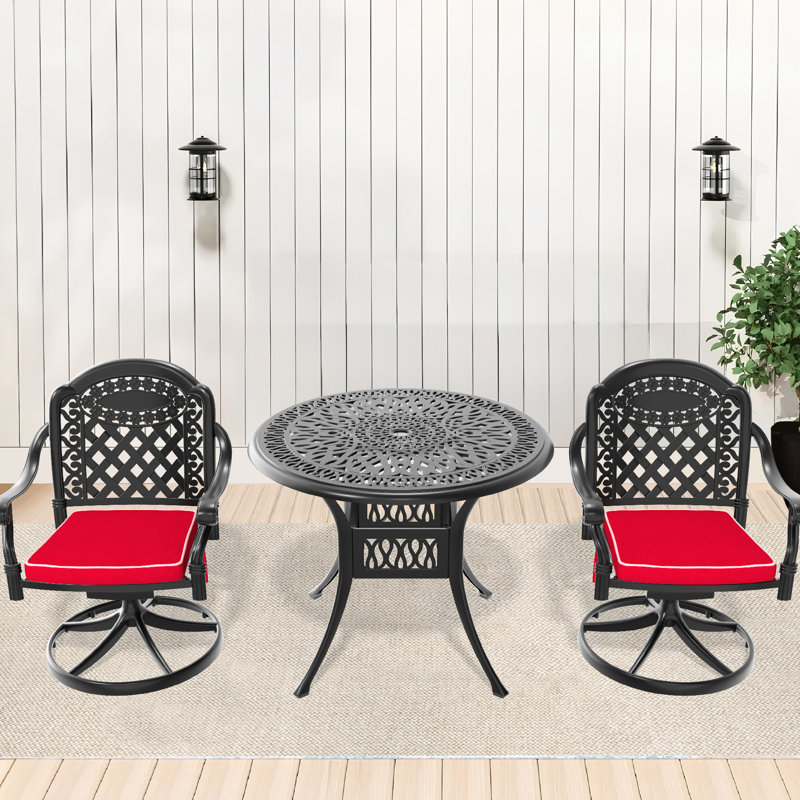 Cast Aluminum 3 Dining , 2 Swivel Chairs And 35.43" Round Table, Black, , , Comfortable Seating Presented Cushion Outdoor & Protected, Supplied