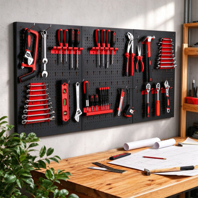 Metal Tool Wall Pegboard Set, 3 Panels Expandable Workshop Pegboard with 17-Piece Hooks & Holders, Wall Mounted Tool Storage Organiser for Workshops