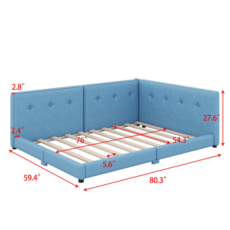 Lit plateforme tapissier avec ports USB, Bleu, Lit double