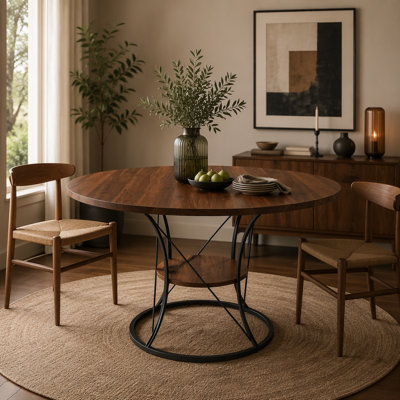Table de salle à manger ronde de 109 cm (43 pouces) pour 4 à 6 personnes, table de cuisine extensible de style campagnard avec étagère de rangement et base en métal, table en bois extensible brun et noir de 109 à 150 cm (43 à 59 pouces) (chaises non incluses)