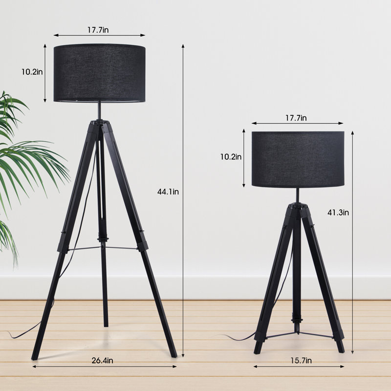 Lampe trépied 58 po à 1 lumière avec structure en bois massif et abat-jour tambour en tissu, Noir, noir, noir, noir