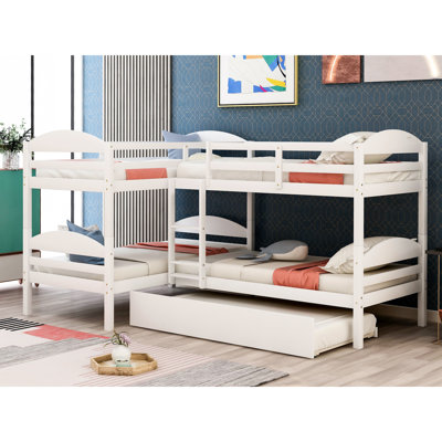 Lit simple superposé en forme de L avec lit gigogne - blanc, polyvalent et blanc pour adultes. Structure solide en bois massif. Dispositions de sommeil. 6 ans et plus. Pas de boîte à ressorts. Capacité de charge de 300 lb