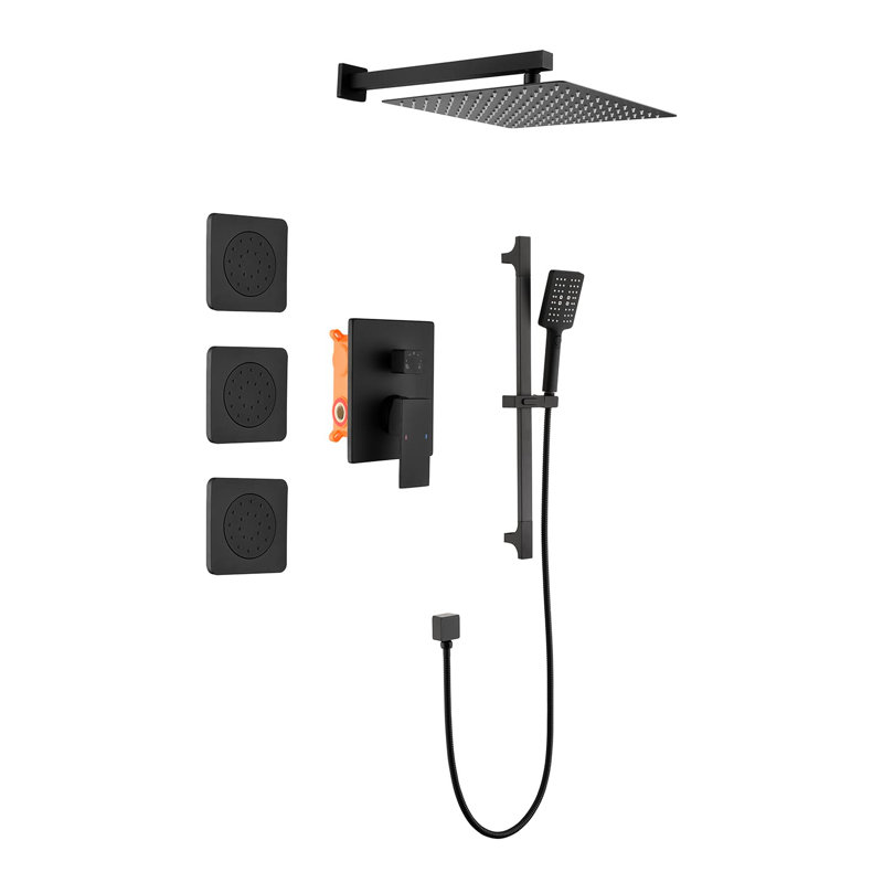 Shower System In Matte Black With Function: Rain Head, Hand Shower, Slide Bar, Bodysprays, Arm, Hose, Valve Trim Arm And