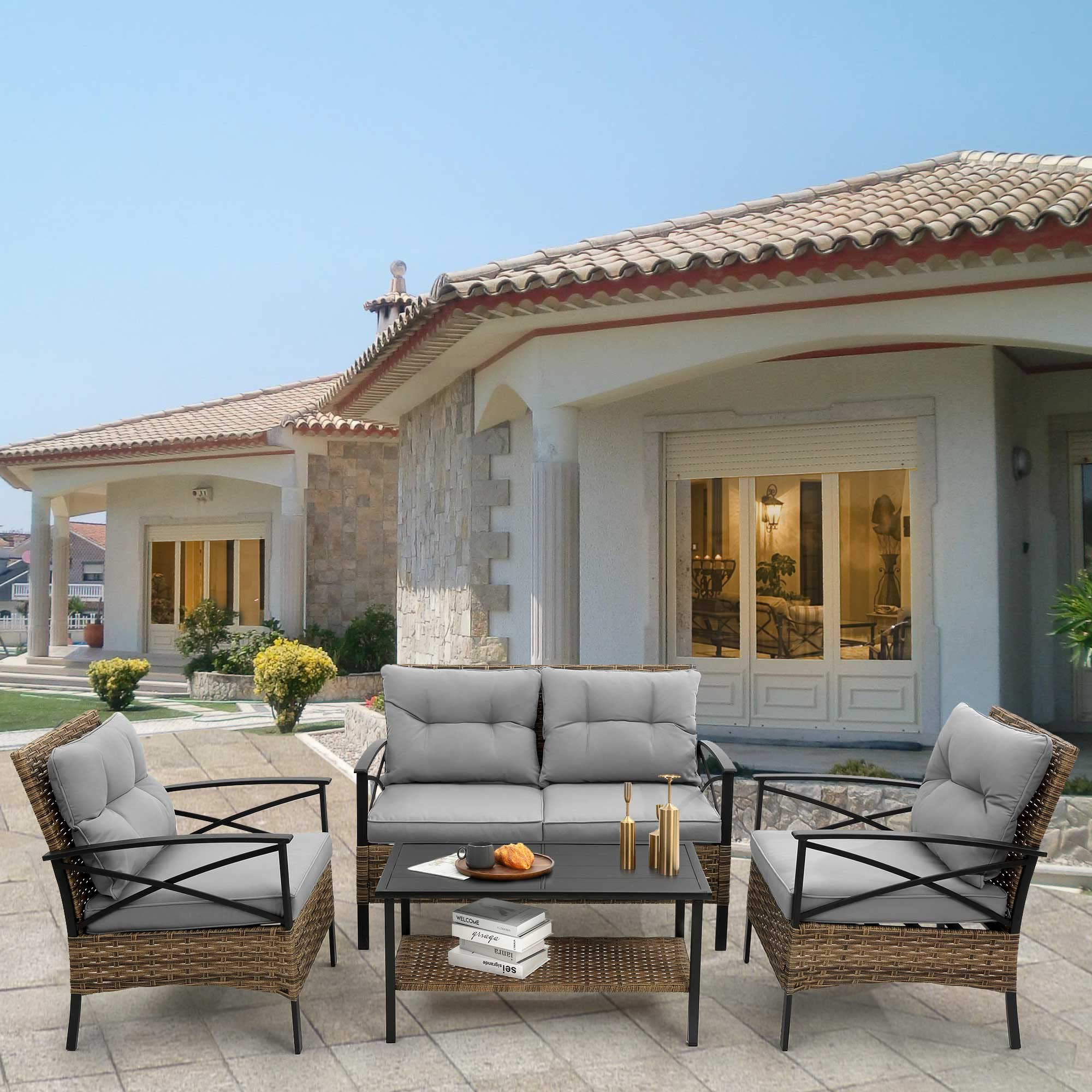 George Oliver 4-Piece Outdoor Patio Wicker Conversation Sets Sofa with Cushions and Table | Wayfair