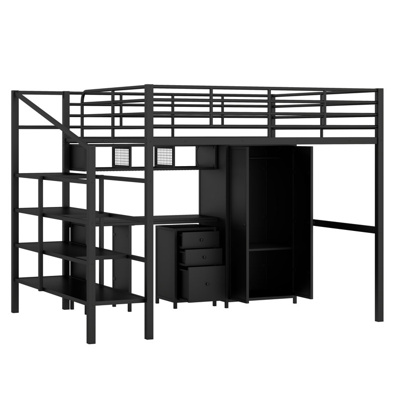 Alainah Full Metal Loft Bed With table set and wardrobe