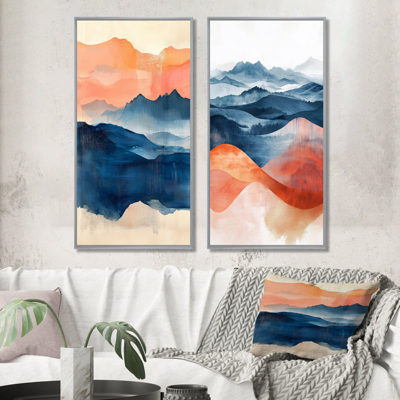 Rose, bleu, paysage audacieux, montagnes audacieuses, collection de 2 panneaux sur toile, H 28 po x l 25 po