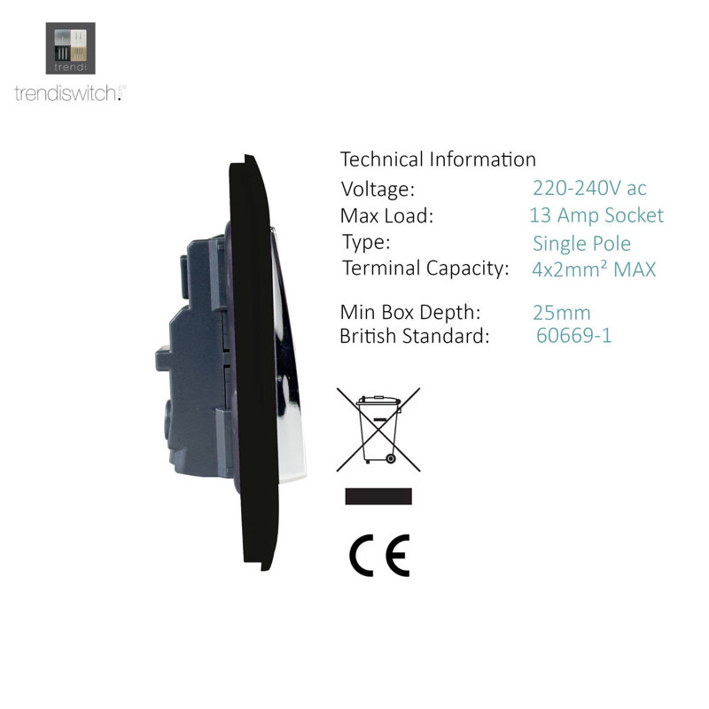 Trendi Switch 2 Gang Long Switched Plug Socket, Gloss Black