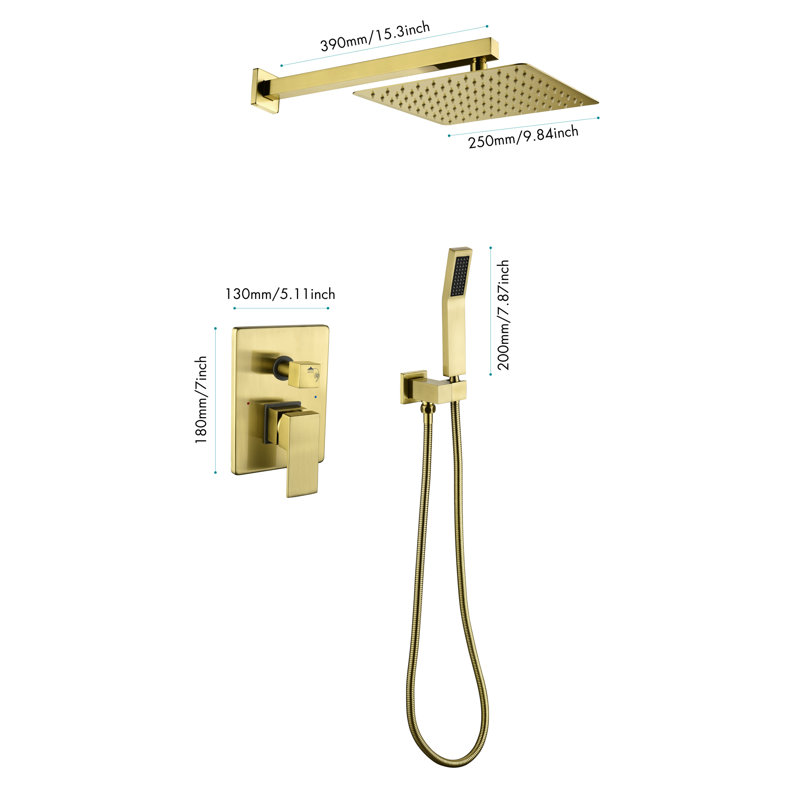 Brushed Gold Shower Faucet With 10 Inches Rain Head And Handheld, Wall Mounted High Dual System Trim For Bathroom Handheld , Valve