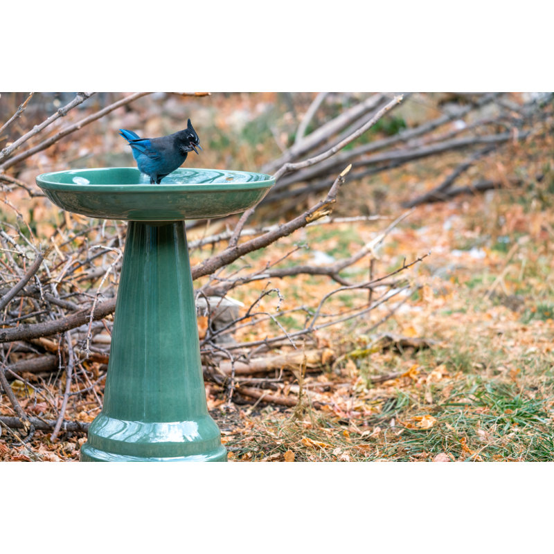Summer Green Ceramic Pedestal Bird Bath with Locking Top