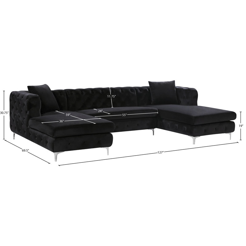 Miranda Velvet U-Shaped Sectional Symmetrical, Black Velvet