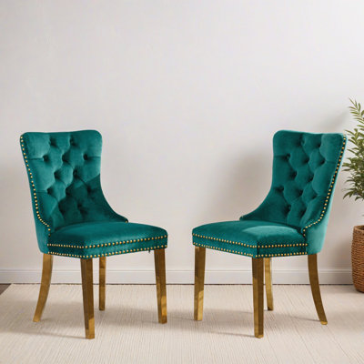 Ensemble de 2 chaises de salle à manger rembourrées modernes en velours capitonné avec garniture cloutée Parson