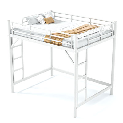Full Size Metal Loft Bed, Loft Bed with Easy Climbing Ladder and Guardrails , White