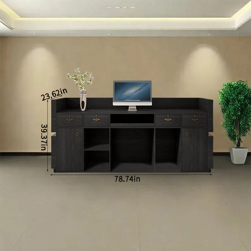 Vintage-Style Front Desk and Computer Desk with Lockable Drawers and Storage, No Assembly Required, Black