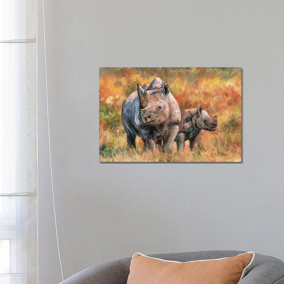 Nashorn und Baby von David Stribbling - Galerie-verpackte Leinwand Giclée