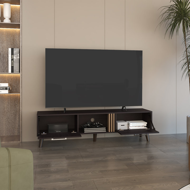Lebo 63" Wide Tv Stand With Two Pull Down Cabinets And Open Shelf