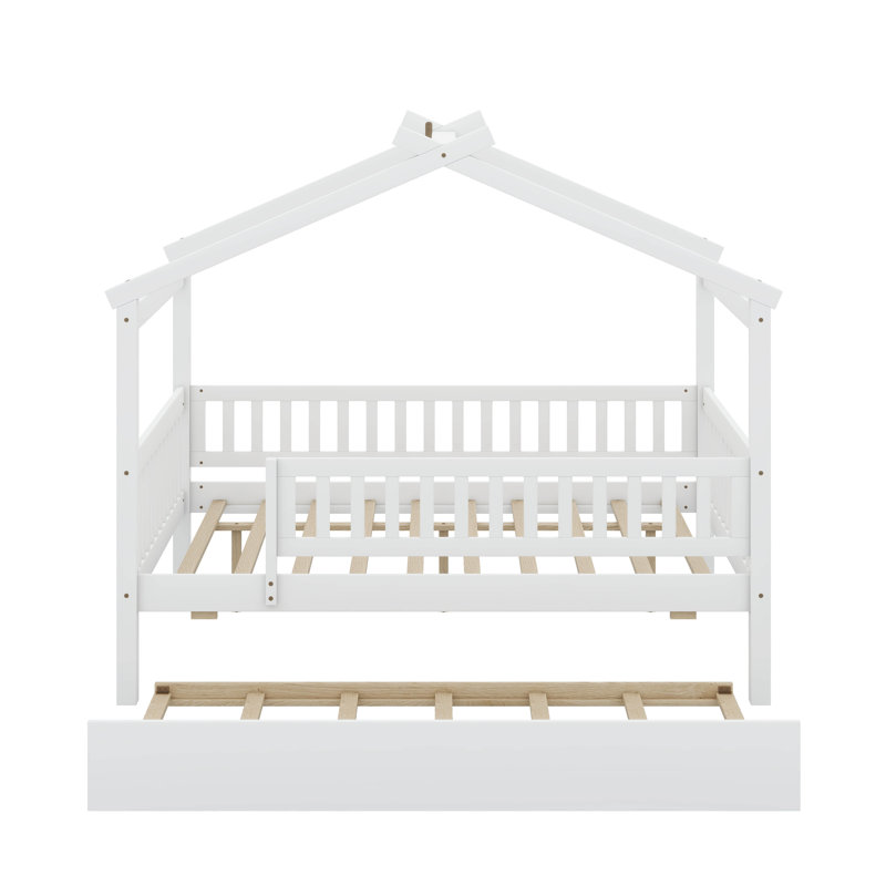 Wooden House Bed With Trundle, Lit double, Blanc