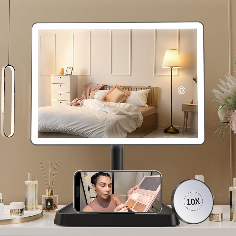 Modern LED Lighted Rechargeable Portable Tabletop Makeup Mirror, Black , Black