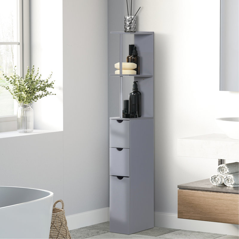 Unité de rangement de 54 po pour la salle de bain grise. 2 tablettes et tiroirs. Espace suffisant pour le linge de maison et les serviettes. Autonome. Fabrication solide. Fonction de fixation murale supplémentaire. L 13 po x H 53,75 po. Poids: 22 lb. Assemblage requis