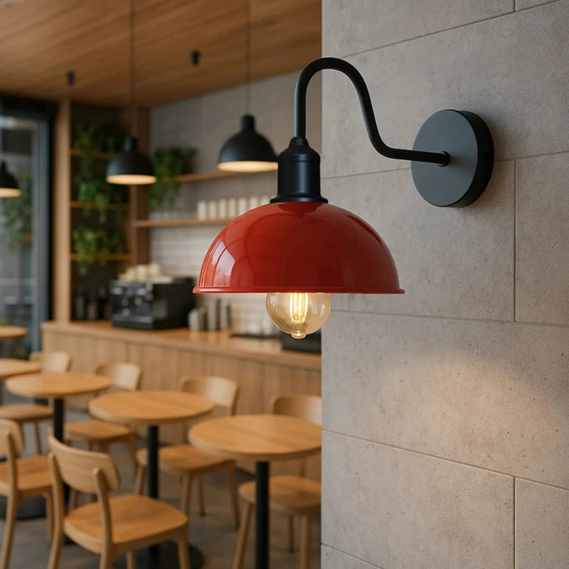 Modern Industrial Vintage Dome Wall Sconce – Fixed Curved Arm Metal Light for Bedroom, Hallway, Living Room, and Office., Yes