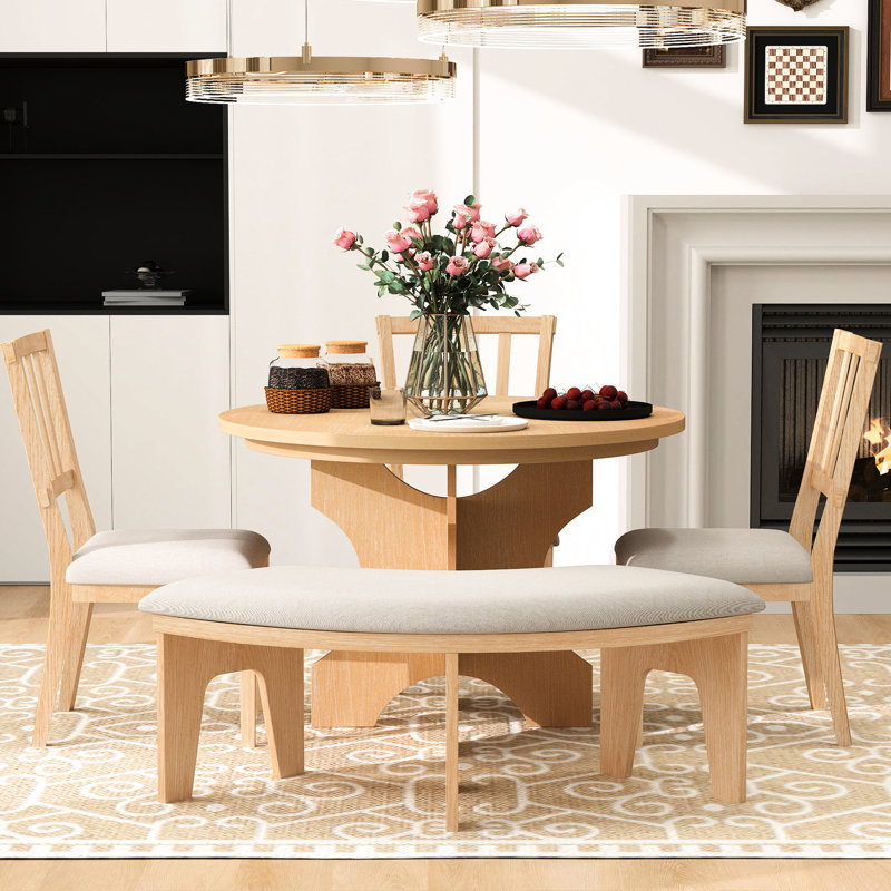 Ensemble de 5 pièces de salle à manger rondes comprenant 3 chaises rembourrées et un banc pour plusieurs environnements. Sièges de charme rustique au design moderne avec des courbes variées.