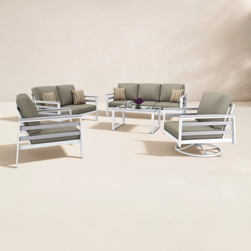 Ensemble de conversation pour 7 personnes avec coussins Sunbrella Petroni, Palette colombe, Blanc