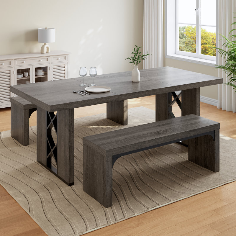 3-Piece Dining Table Set For 6-8 People, 70.8'' Rectangle Kitchen Table With 2 Benches For Breakfast Nook, Dining Room Furniture