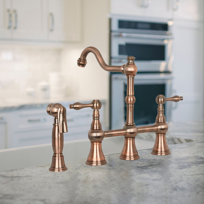 Brass Heritage Bridge Kitchen Faucet with Side Spray 2 Handles, Antique Copper