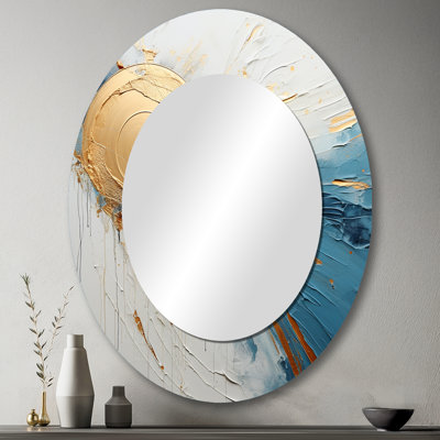 Peinture cosmique dorée et bleue - Grand miroir mural ovale sur métal