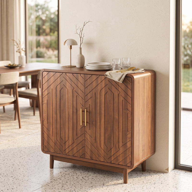 Modern Walnut Sideboard Storage Cabinet with Geometric Carved Doors, 2-Door Buffet Cabinet with Adjustable Shelf, Accent Cabinet for Dining Room, Living Room & Entryway