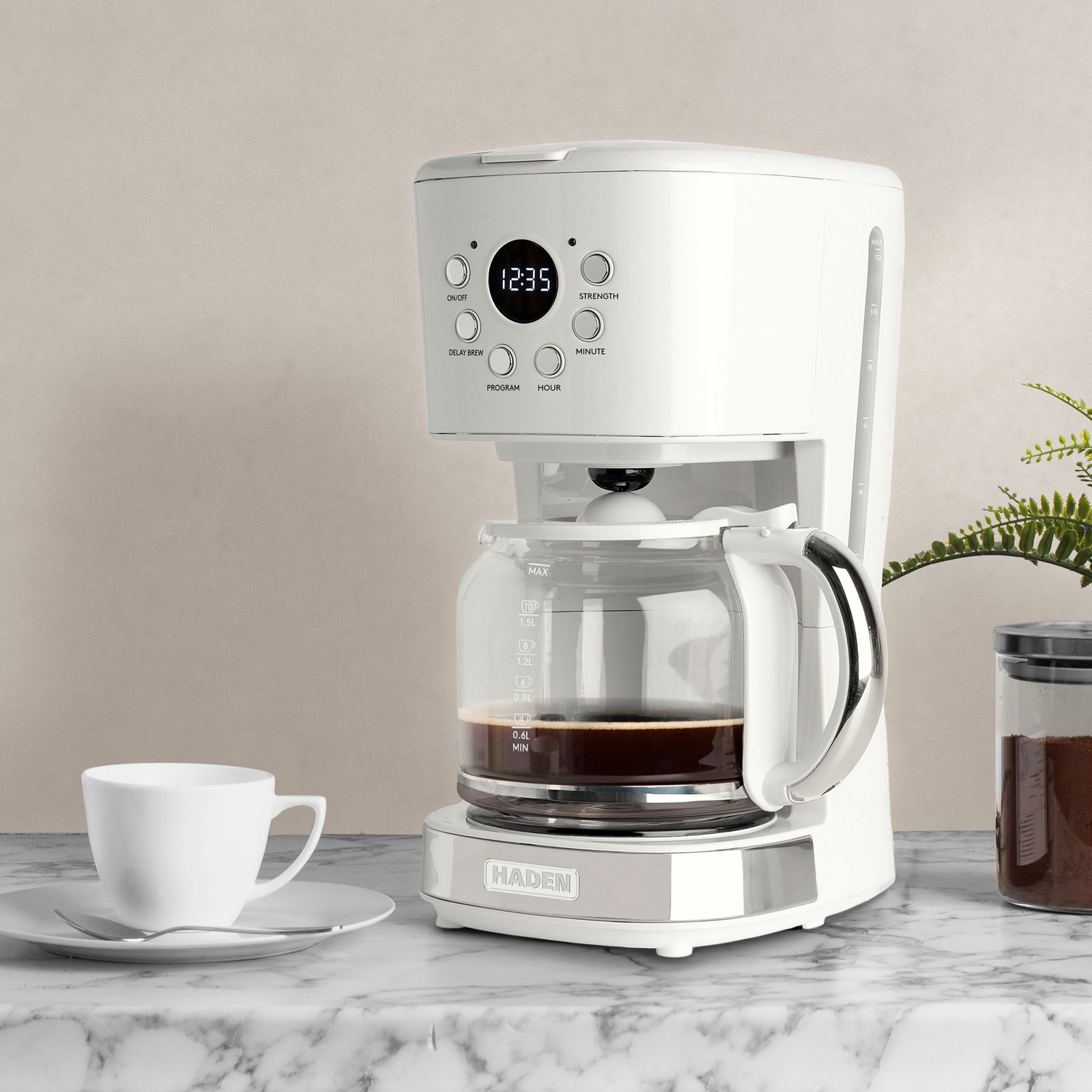 Haden Coffee Machine, 12 Cup Programmable Drip Coffee Maker, Ivory White