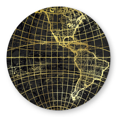 Marine World Map Globe - Modern Gold Round Rug