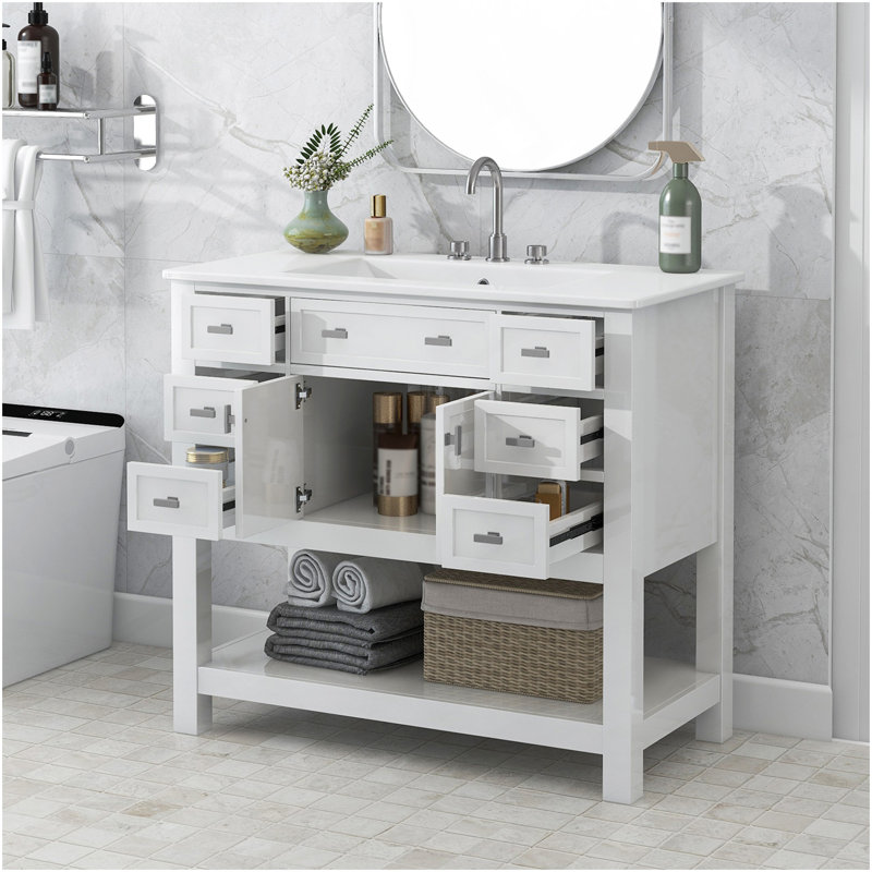 Meuble-lavabo 36 po avec lavabo supérieur, armoire de rangement moderne avec 2 portes à fermeture douce et 6 tiroirs, meuble-lavabo simple
