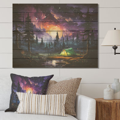 Northern Lights Camping Escape I - Camping Travel On Wood Print