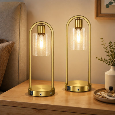 Set of 2 Gold 16 Inch Touch Control Table Lamps with Arched Metal Frame Seeded Glass Shade USB A and USB C Charging Ports for Bedroom Nightstand Living Room and Office Bulbs Not Included