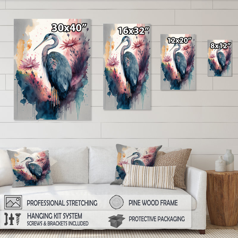Mignon héron, art floral IV - peinture sur toile, H 20 po x l 12 po x P 1 po, Toile tendue