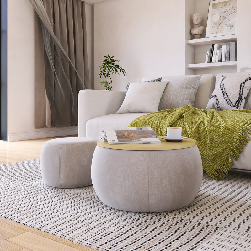 Repose-pieds rond avec rangement, fonction 2 en 1, table de bout avec repose-pieds, Gris clair, Naturel