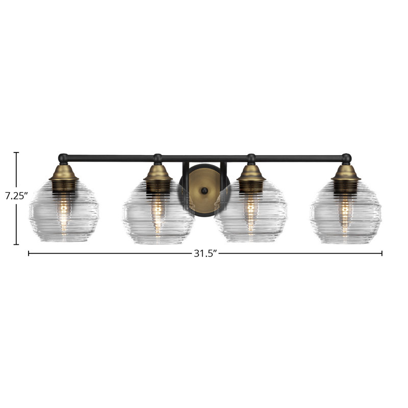 Michell 4 Light Bath Bar Shown With 6" Clear Ribbed Glass, Matte Black/Brushed Gold