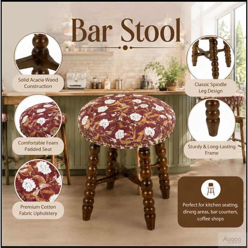 Tabouret de bar rembourré avec structure en bois d'acacia massif Spindle, Motif floral rouge