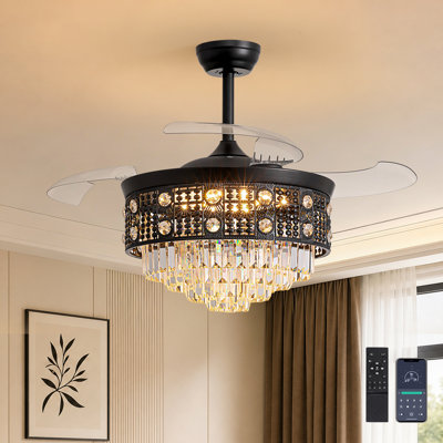 42" Crystal Ceiling Fan With Light 3-blade Black