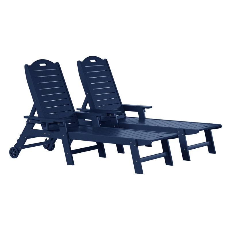 Chaise longue d'extérieur inclinable en poly avec roues et porte-gobelet Brighton (ensemble de 2), Bleu, 2