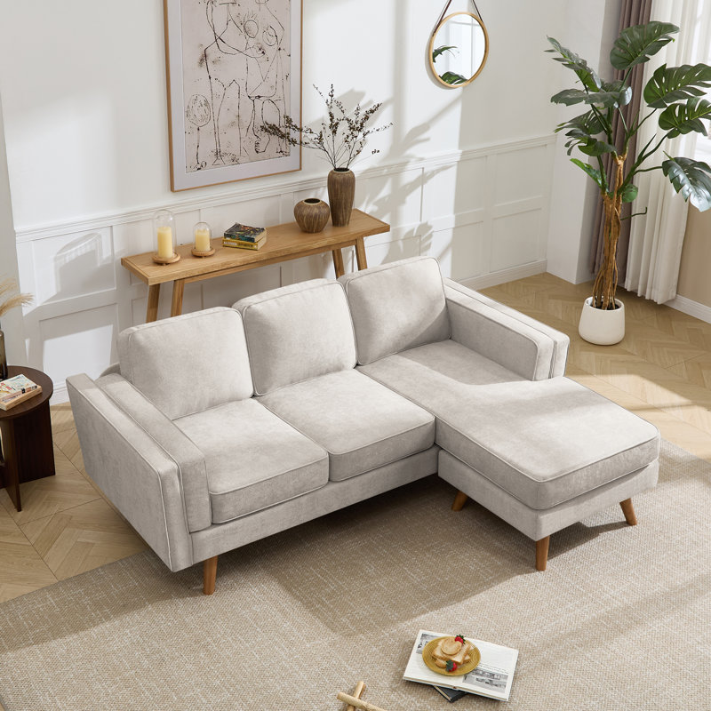 84'' Chenille Reversible Sectional Sofa with Chaise, Movable Ottoman, Solid Wood Legs and Frame, Khaki