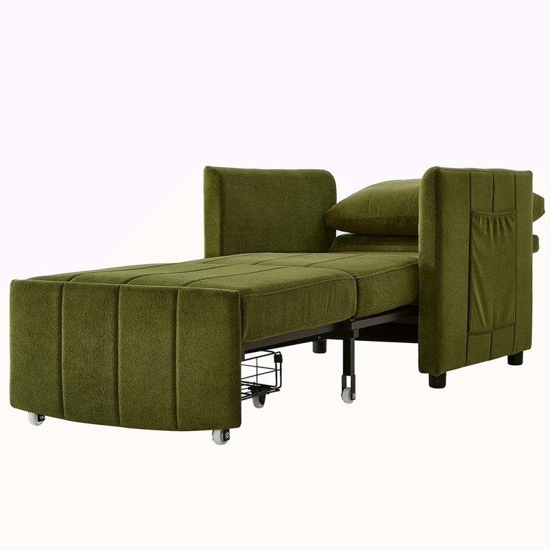 Jad Convertible Chenille Sleeper Sofa with Adjustable Backrest & Storage, Green