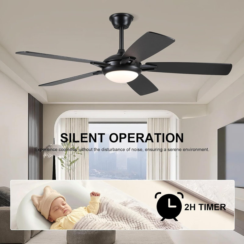 Ventilateur de plafond 52 pouces à 5 pales avec lumières et télécommande, Noir