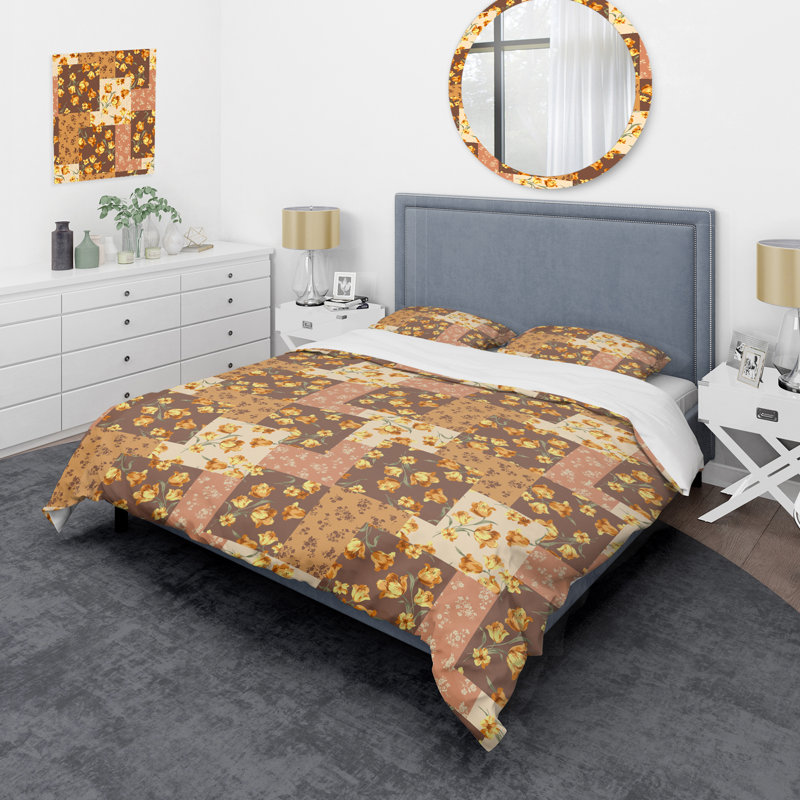 Patchwork de fleurs jaunes - ensemble de housse de couette abstrait - polyester microfibre
