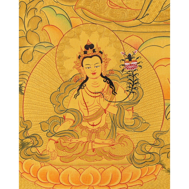 Manjushri Thangka (Thangka sans brocart) | Or 24 carats avec couleur acrylique sur toile de coton